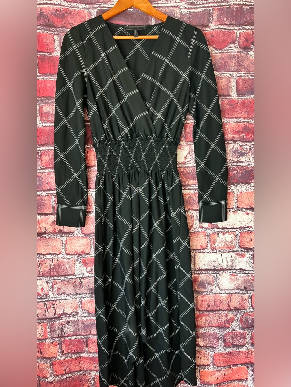 BCBGMAXAZRIA Black Windowpane Smocked Waist Midi Dress S